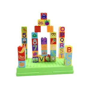 Preschool building block set with storage box, 40 interlocking blocks with letters, numbers, animals, fruits, and vegetables, STEM education early learning toys, children's anti swallowing safe stacking blocks, birthday gifts for boys and girls Stem Kit