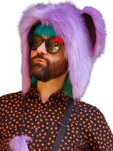 Purple and Black Faux Fur Bear Mouse Hat with Large Adorable Ears and Fluffy Pom Poms One Size Fits All Teen Adult