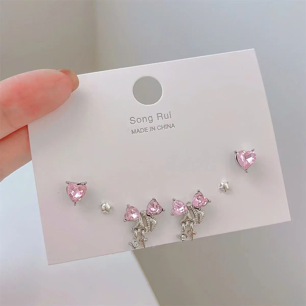 Sweet Pink Heart Earrings – Korean Style Stud & Drop Set with Bows