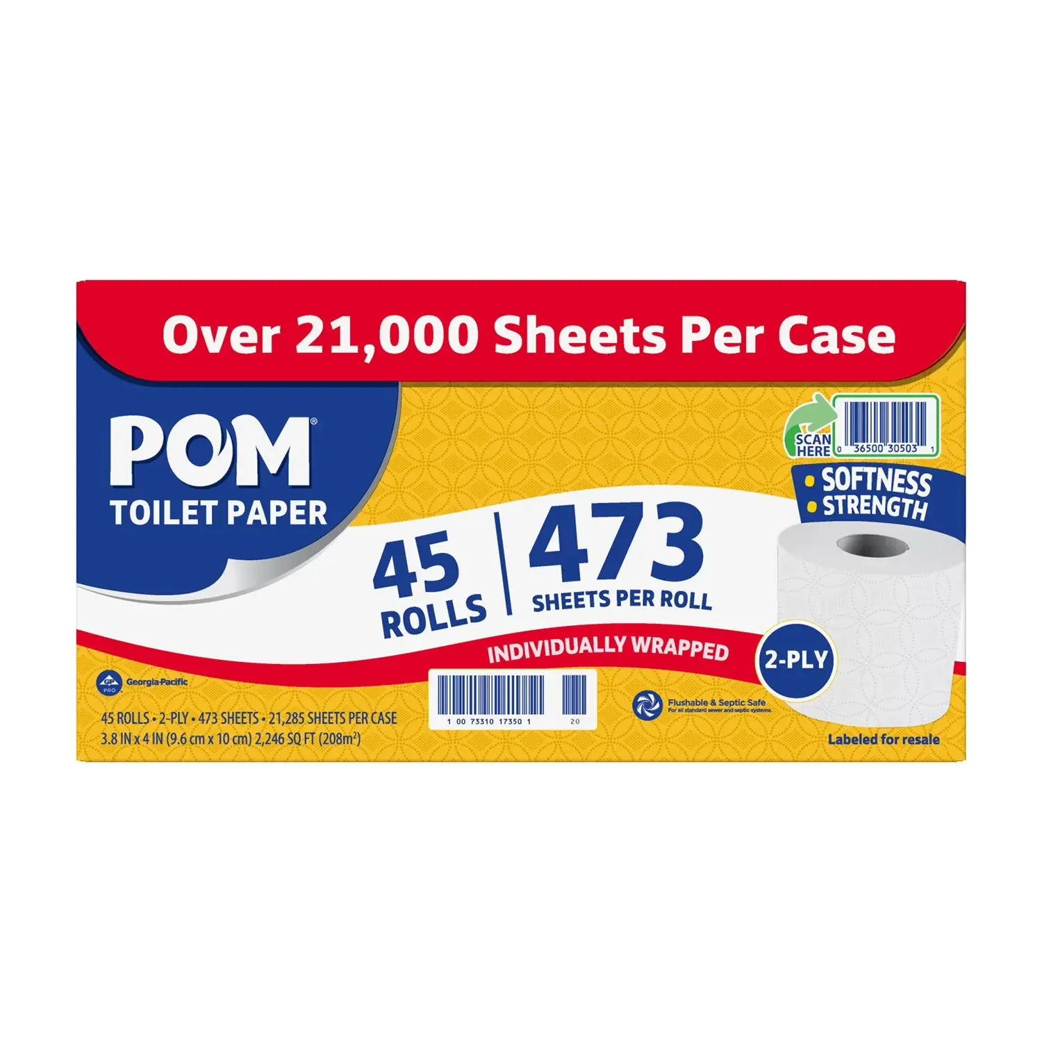 POM 2-Ply Soft Bathroom Tissue, Unscented Embossed Bulk Pack Toilet Paper for Business, 45 Individually Wrapped Rolls, 473 Sheets per Roll
