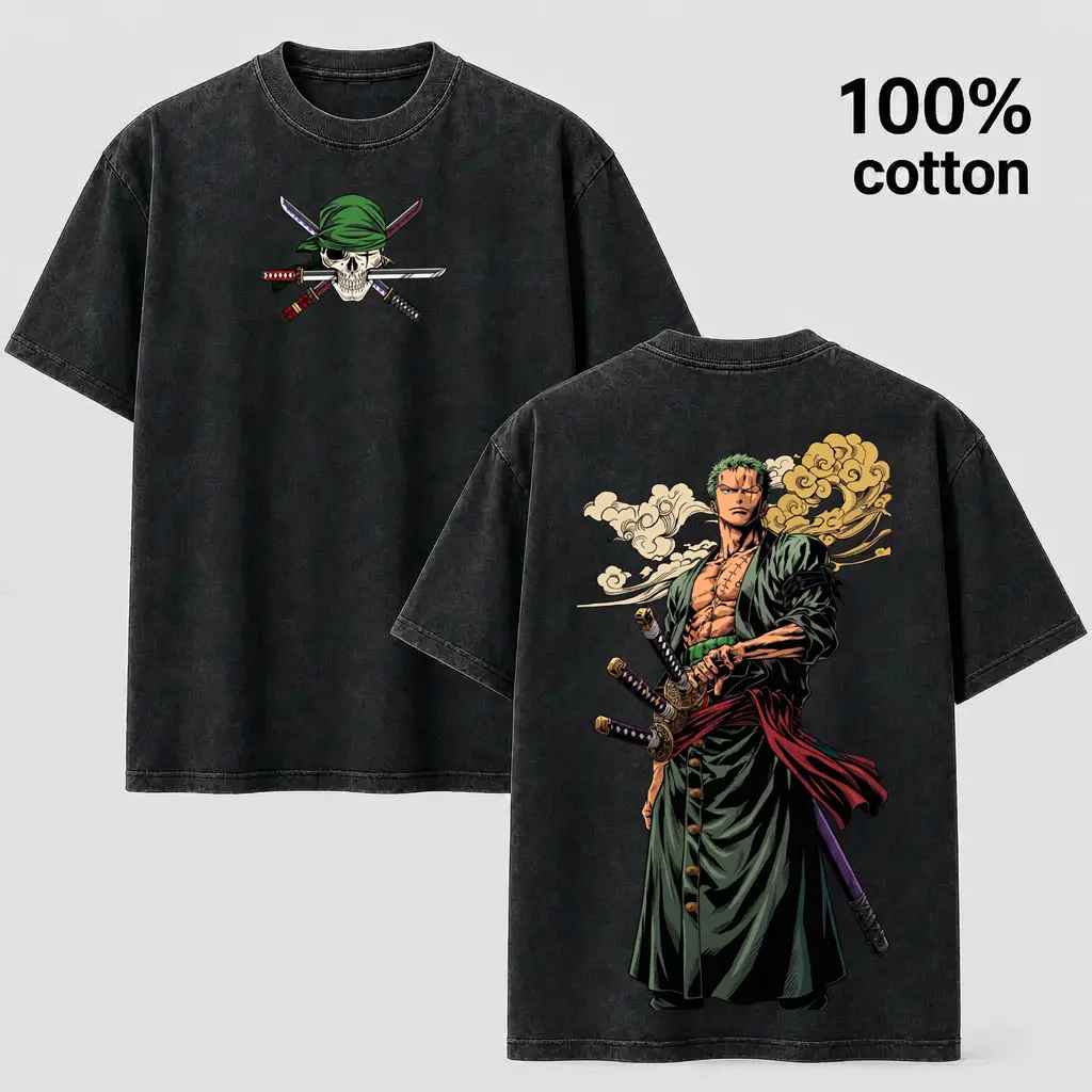 Unisex Zoro Acid Wash Oversized Graphic Tshirt - Multi-Size Anime Streetwear Sports Top with Front & Back Print, Acid Wash Finish