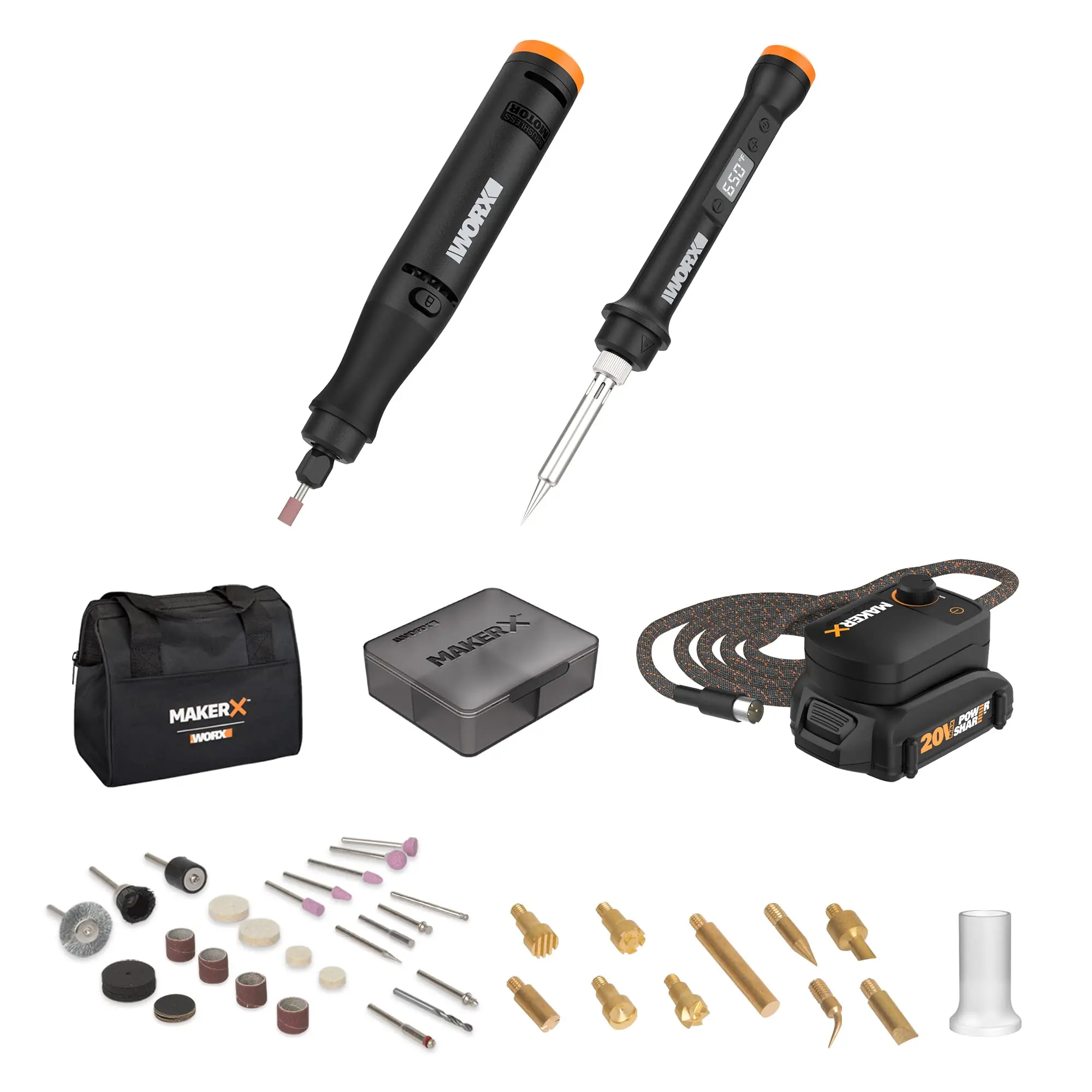 Worx MAKERX WX988L 2pc Compact Brushless Lifestyle & Garden Power Tool Combo Kit - Portable, Quick Heat Up, Expandable Rotary Tool, Micro-Ergonomic Design, Included Accessories
