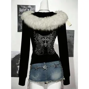 Women’s Black Hoodie Coat with Wing Print, Gothic Streetwear Top for Night Out, Concert and Edgy Fashion Statement