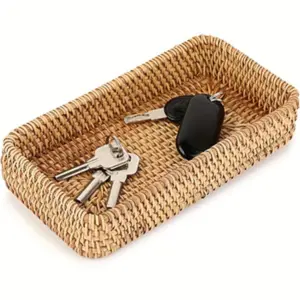 Rattan Key Tray Basket, Small Woven Willow Entrance Decorative Basket, Coffee Table Storage Tray Organiser for Keys Makeup Candles Perfume