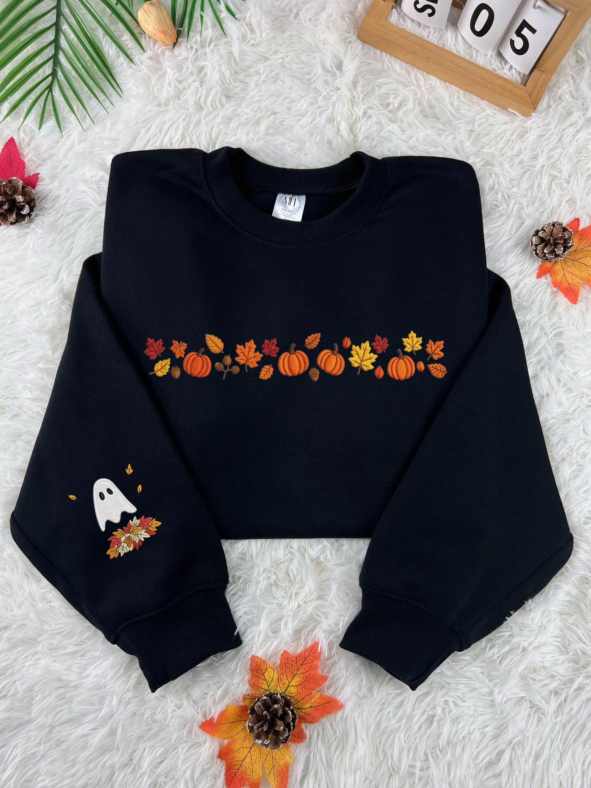 Embroidered Fall Pumpkins Sweatshirt: Autumn Harvest Crewneck