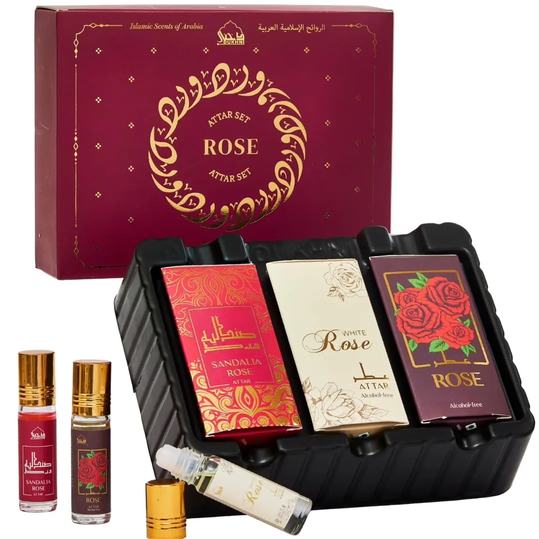 Dukhni Rose Attar Oil Set | Authentic Arabic Fragrance Oils 3pc x 6ml | 100% Pure, Alcohol-Free Original Gulab Attar Blends | Unisex Attar | Best gift, Ramadan gift, Islamic fragrance