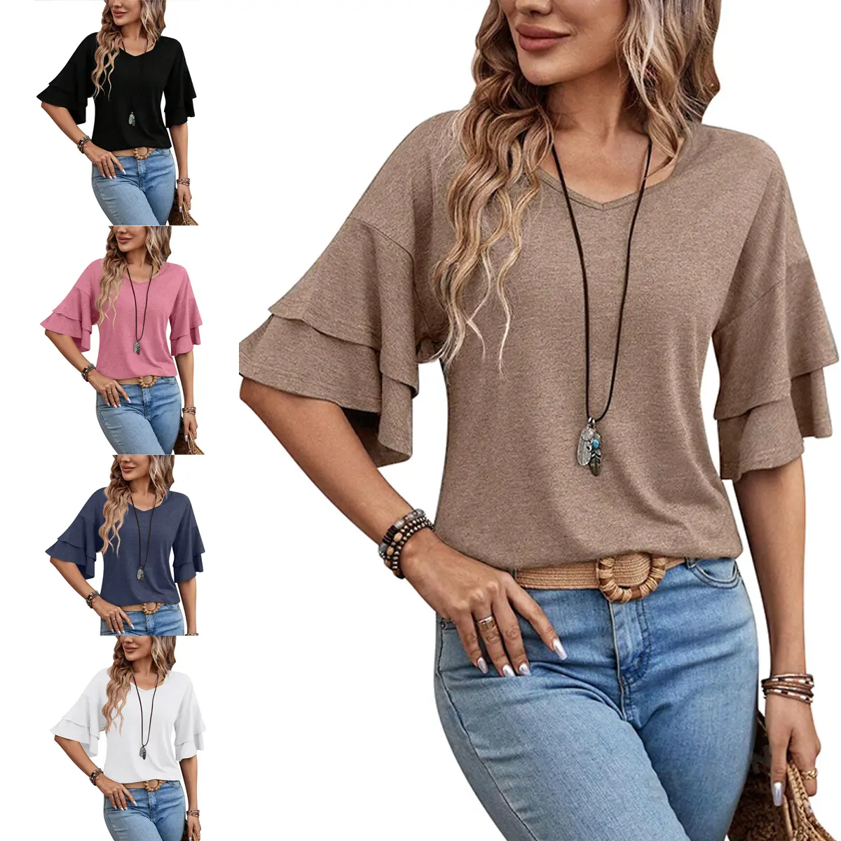 Women's Summer V Neck Blouses Casual Short Sleeve Shirts Loose Fit Fashion Basic Daily Tops