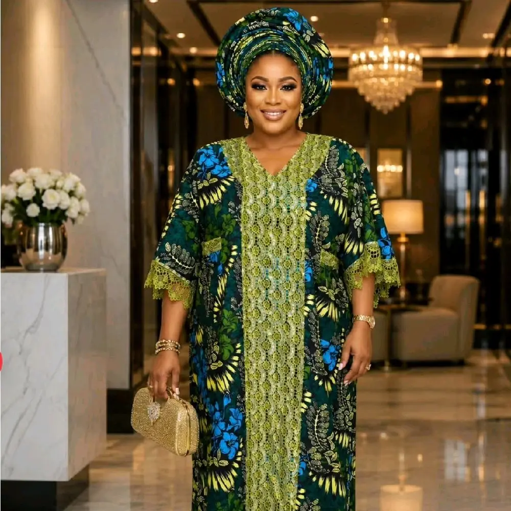 Luxury Ankara & Cord Lace Boubou Dress | Free Size African Kaftan | Adjustable Inner Belt | Includes Matching Scarf for Gele | Nigerian Owambe Outfit