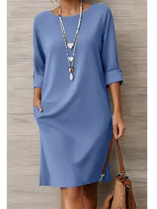 Women's Casual Summer Solid Color Knee-Length Dress, Round Neck Slim Fit Design, Side Slit, Lightweight Breathable Fabric, Casual Fashion Dress