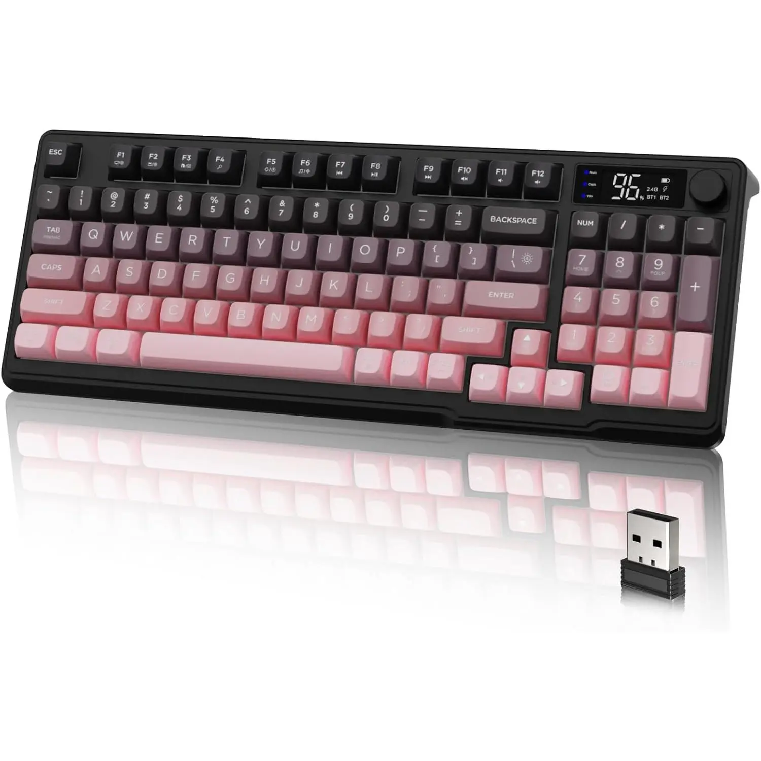 M96 Series Compact 90% Layout Membrane KB, Low Profile Quiet Typing Gaming Keyboard with Display & Knob, RGB Backlight, USB-C Rechargeable Large Capacity, 94 PBT Keycaps, Dual Mode Connection, Wide Compatibility for Windows/Linux PC, Bluetooth/Wireless