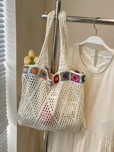 White tote bag with colorful floral trim, bohemian granny square shoulder bag, casual beach and tote bag for women