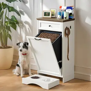 Dog Feeding Station Tilt-Out Pet Food Storage Cabinet with Drawer 39" White Finish Pet Proof Household Items Cover for Kitchen & Laundry
