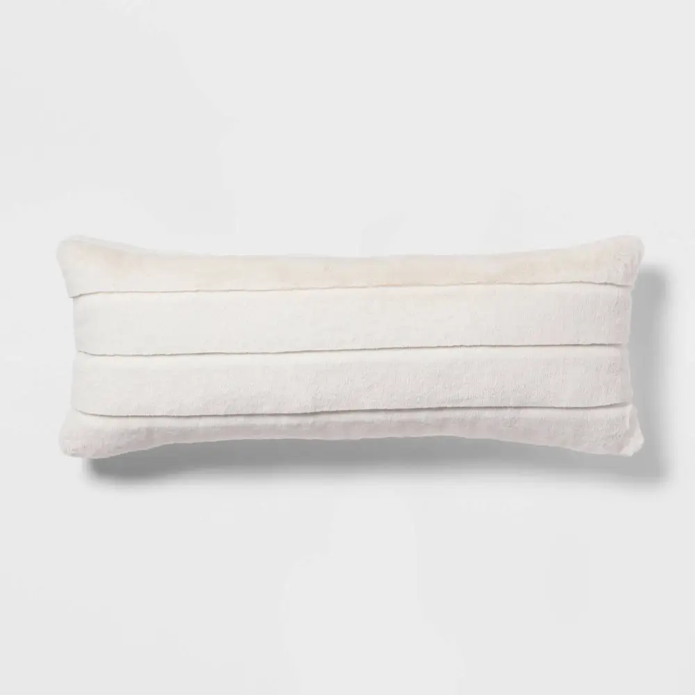 Oversized Oblong Faux Fur Channeled Decorative Throw Pillow Cream - Threshold: Soft Polyester Indoor Use Zippered Cover