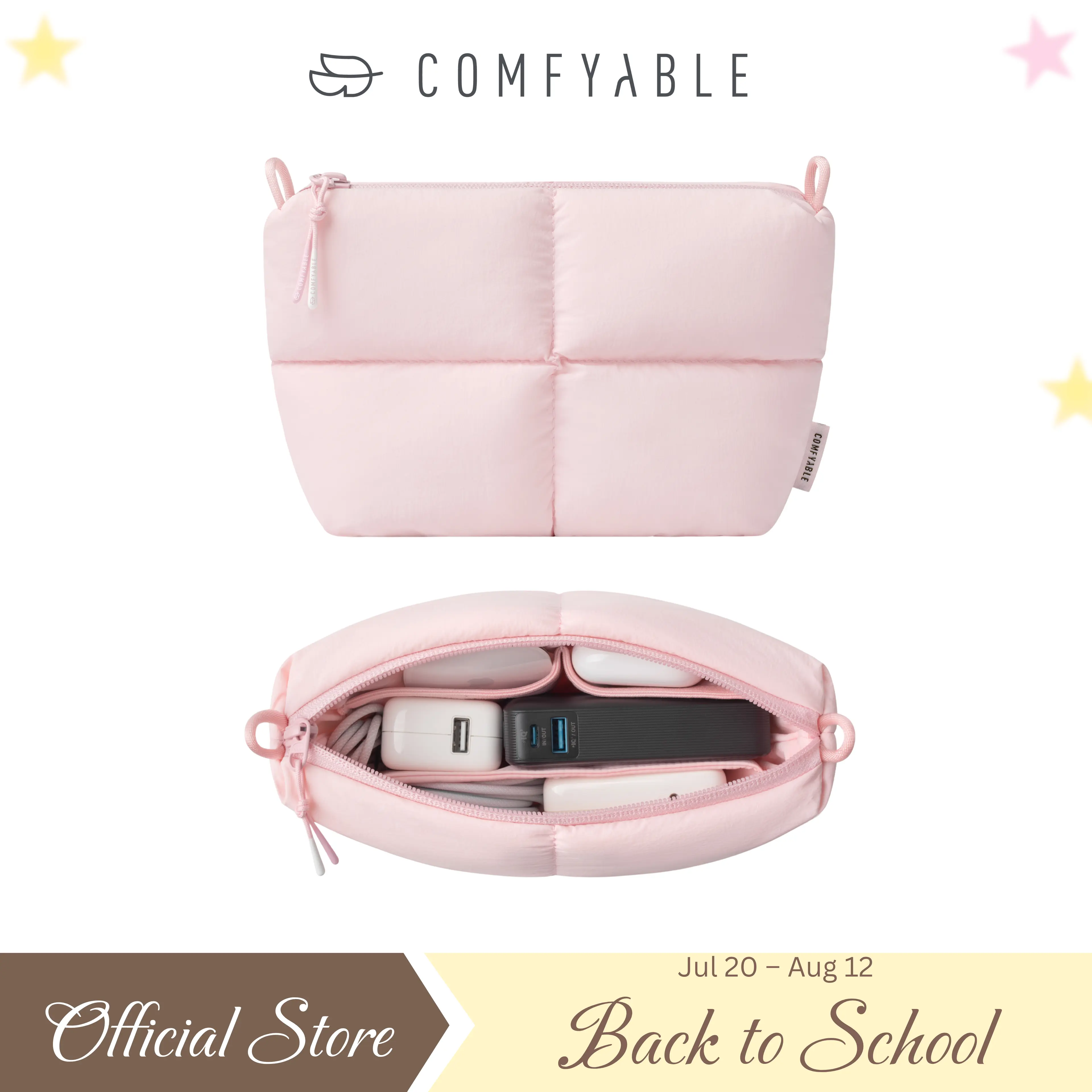 Comfyable Compact Puffy Waterproof Nylon Tech Storage Case with Hanging Loop, Cute Unisex Electronics Organizer for Charger, Phone, Power Bank, Cord, Travel-Friendly Functional Pouch, Travel Stuff, Pillow Quilted,back to school,back to school haul