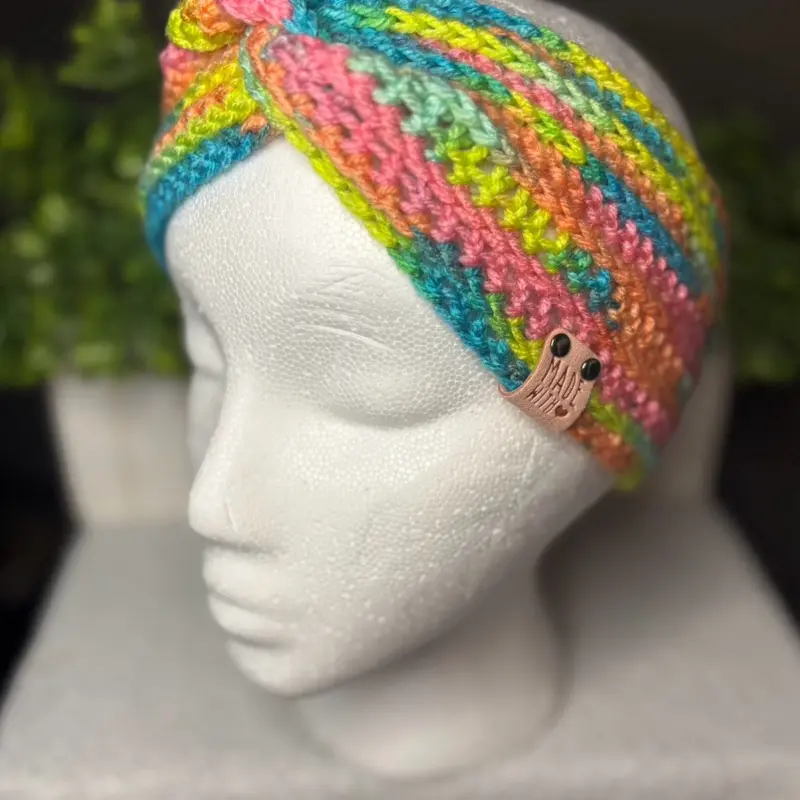 Handmade Crochet Ear Warmer - Colorful Rainbow Design with Unique Embellishment