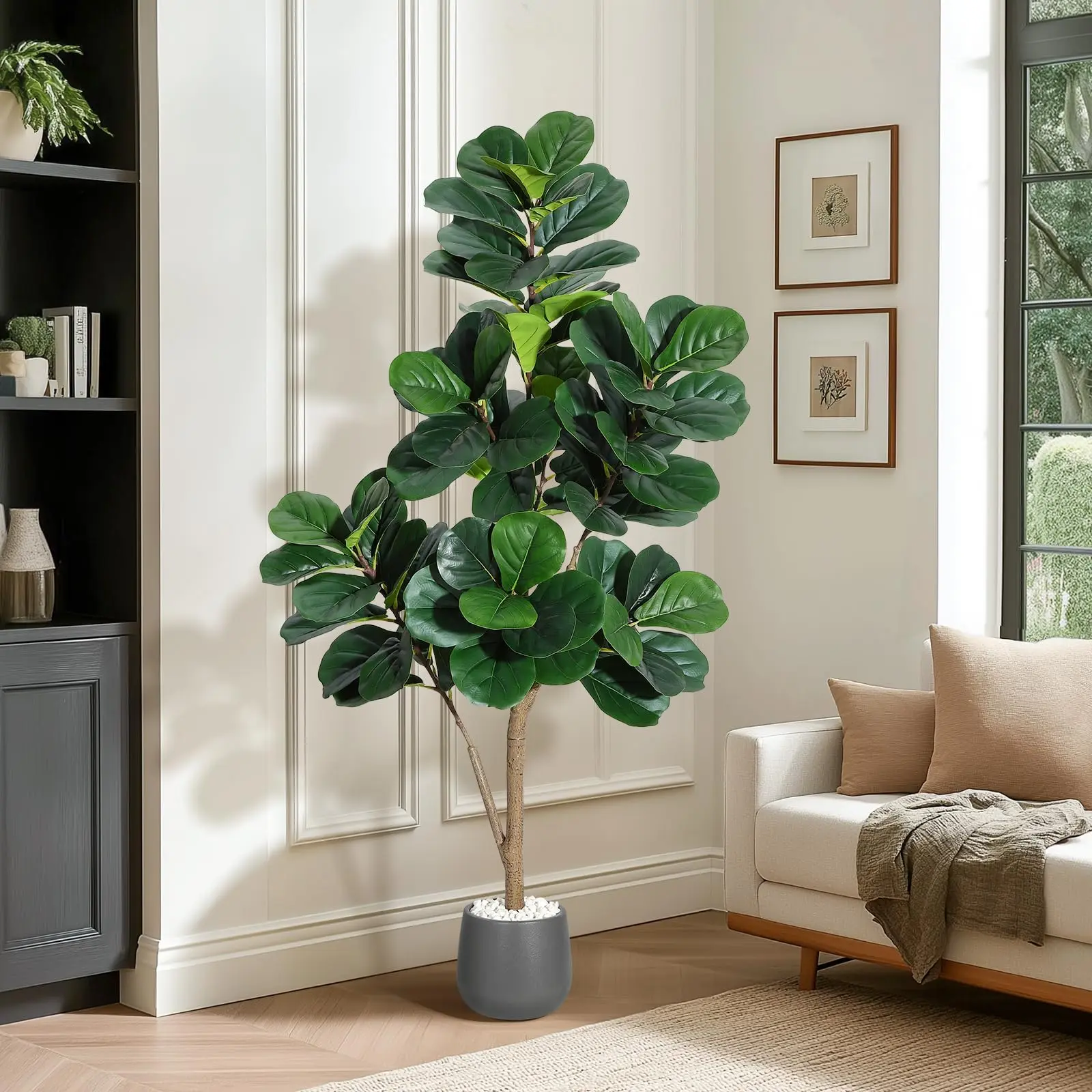 Garvee Minimalist Artificial Fiddle Leaf Fig Trees (4FT-7FT) with Realistic Faux Ficus Lyrata Leaves, Indoor Floor Plants with Black/White Planters, Easy Assembly, No Maintenance, Decorative Pack for Home Office Gift Decor