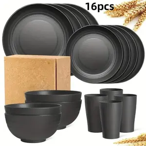 16pcs Unbreakable Dinner Plates, Wheat Straw Dinnerware Sets, Microwave Dishwasher Safe, Reusable Dinnerware, Black Set 8pcs Plates, 4pcs Bowls, 4pcs Cups, Modern Tableware Sets