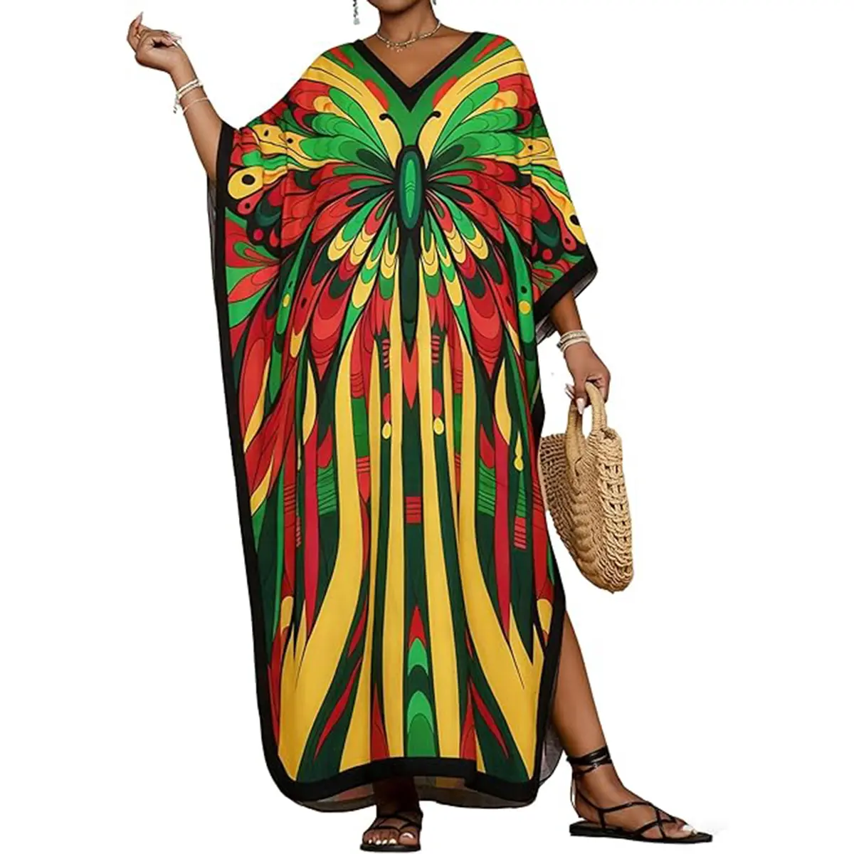 Bsubseach Women's Bohemian Floral Viscose Maxi Caftan Dress - Plus Size (M-XXL), Batwing Sleeve V-Neck, Side Split, Soft Casual Beach Cover Up Swimsuit Accessory, Maternity Party Wear