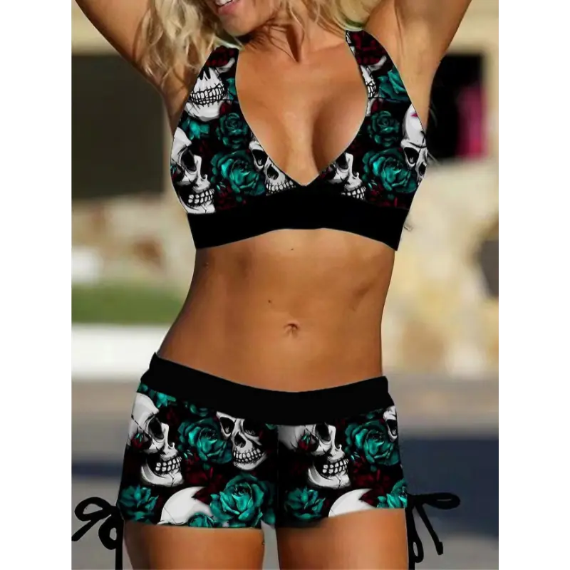 European And New Bikini, Skull Print, Neck Set Two-Piece Swimsuit, Women