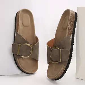 Women's Big Buckle Open Toe Flat Sandals With Adjustable Buckle Round Open Toe Slip-On Sandals