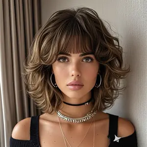 12-Inch Short Curly Wig with Bangs, Natural Look Synthetic Hair, Perfect for Daily Use and Parties, Heatless Styling Tool Type, Soft Curly Wig, Party Wig