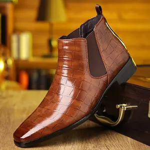 Men’s Croc-Embossed Chelsea Boots, Slip-On Square Toe Leather Ankle Footwear Brown Walking Shoes