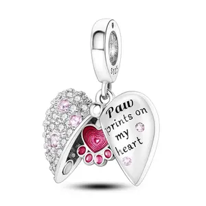 MULA 925 Silver-plated Heart Paw Print Magnetic Pendant | Shiny Zirconia and Pink Enamel | Pet Lover Keepsake | Fits Pandora Bracelets and Necklaces | Memorial Gift for Dog and Cat Owners