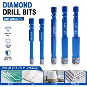 Diamond Drill Bits ‌①Tile Drill Bits,Dry Diamond Drill Bits for Ceramic,5 Pack Hex Shank Glass Drill Bit(1/4" - 1/2") for Tile, Marble,Porcelain,Ceramic,Stone,Glass Tool Home