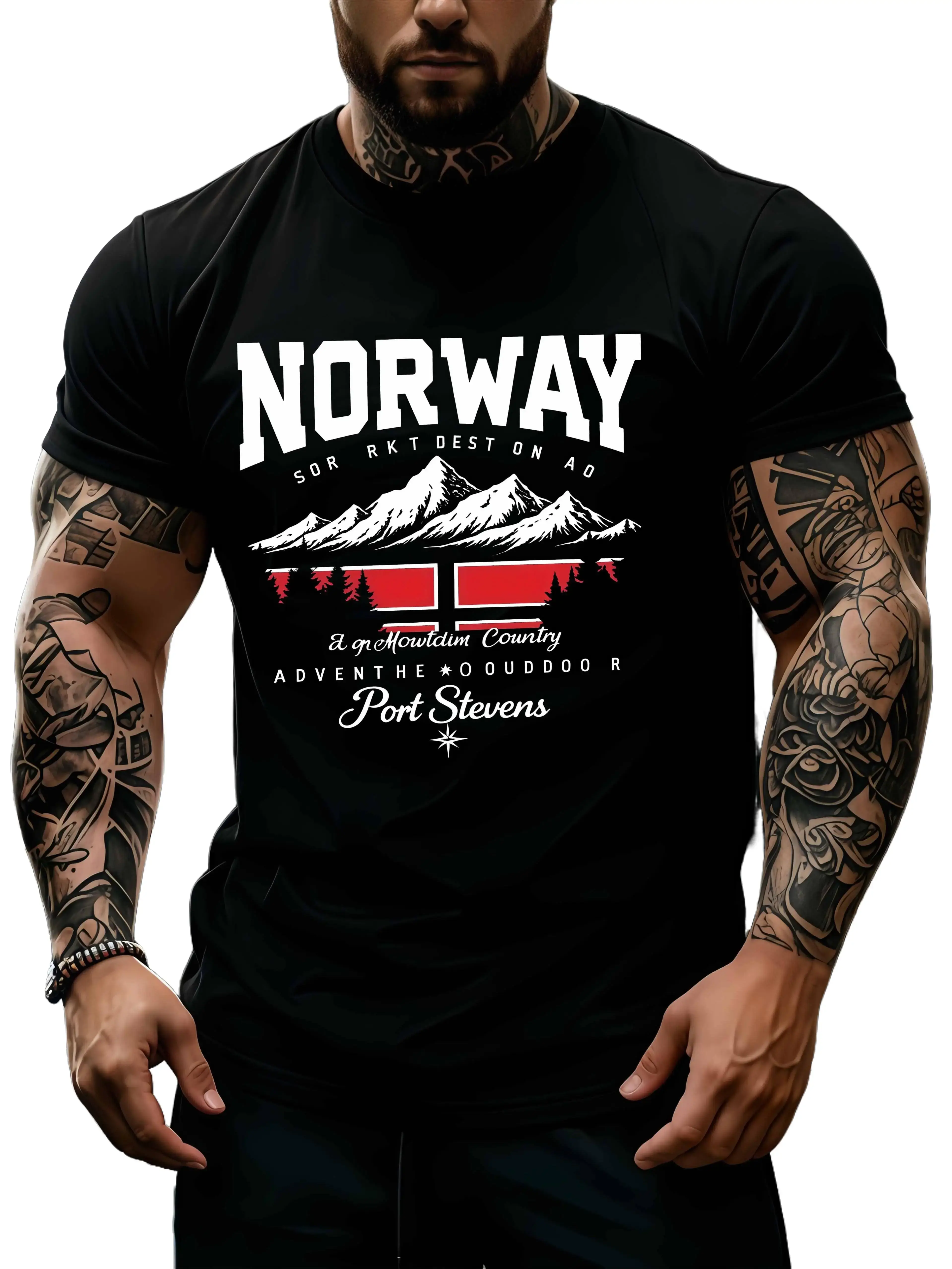 Men'S Stylish T-Shirt Featuring Large Letters Spelling 'NORWAY' on The Front, Combined with a Print of The Norwegian Flag And Snowy Mountains. It Blends Nordic Wilderness Culture with Urban Leisure Design