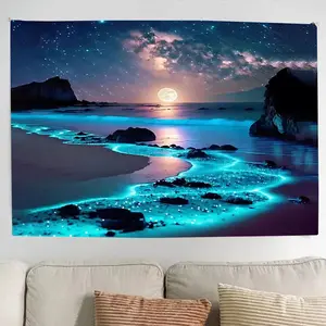 Enchanting Blue Sea & Moon Tapestry Wall Hanging - 37"x28" (93.98x71.12cm) Polyester Peach Light Beige Fabric, Starry Night Beach Scene with Full Moon & Turquoise Waves, Horizontal Indoor Decor for Bedroom, Dorm, Living Room - Includes Free Hanging Access