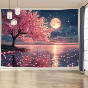 2D Flat Polyester Summervibes Banner with Pink Cherry Tree Backdrop, Ideal for Birthday Party Decorations, Home Living Room Supplies