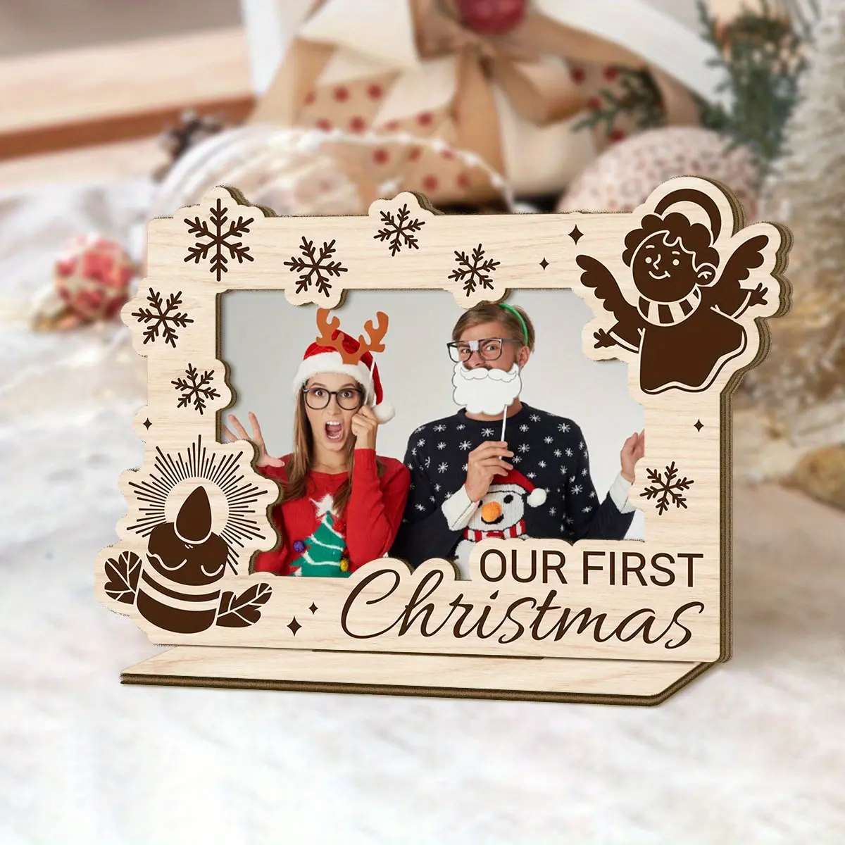 1pc Christmas Theme Wooden Photo Frame, "Our first Christmas", With a Base Can Stand on the Desktop, Best Christmas Gift choice for Yourself, Family, Desktop Decorative Sign Frame