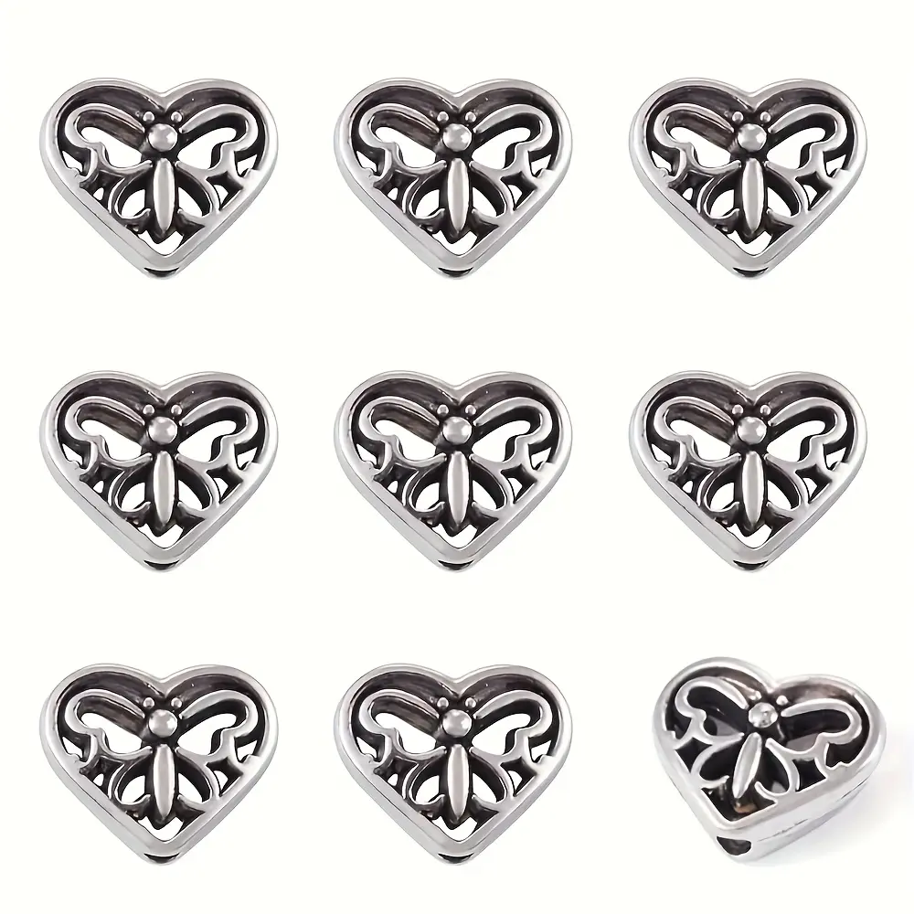 100pcs Vintage Silvery Hollowed-Out Heart-Shaped Butterfly Spaced Beads (10x12mm) - DIY Beading & Jewelry Making Supplies, Ideal Gift for Family, Friends, Great Choice for Holiday Gifts, Daily Wear Projects