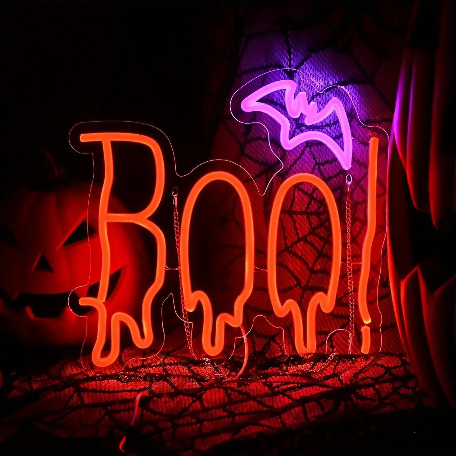 ROSNEK Dimmable Halloween BOO Bat Neon Sign - 5V USB Power LED Wall Decor, 0.2 inches Thick Acrylic Metal 0.3 inch Diameter Light, Wall Mount Hanging Indoor Decoration with Brightness Control for Halloween Party Backdrop, Ghosts