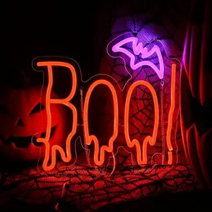 ROSNEK Dimmable Halloween BOO Bat Neon Sign, Wall Mounted Light for Halloween Party Decorations & Trick or Treat Backdrop, LED Wall Decor Light Accessory