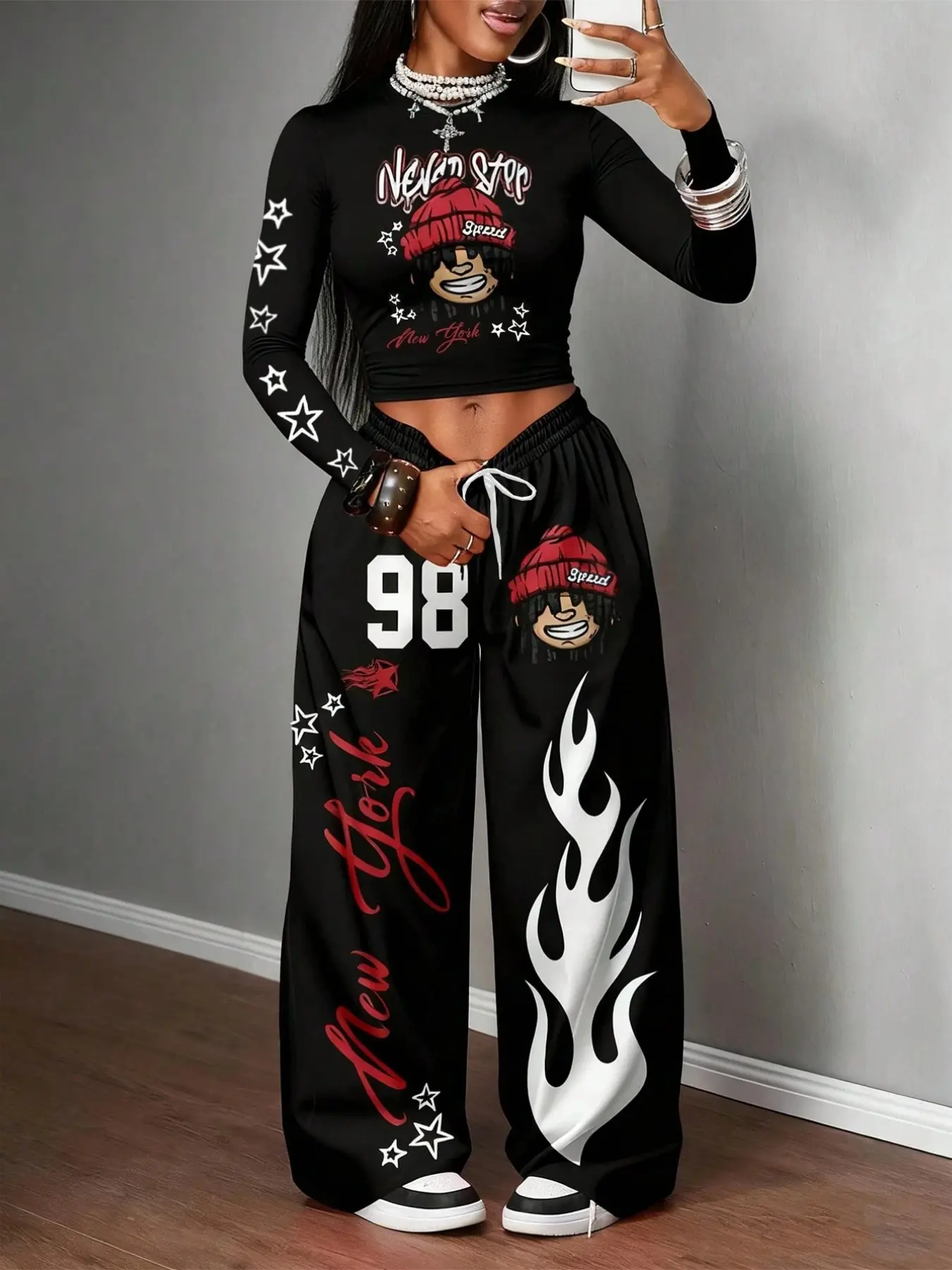 Y2K Aesthetic New York Graphic 2-Piece Letter Print Tracksuit, Casual Tracksuits, Long Sleeve Crop Top + Wide Leg Pants, Polyester Streetwear, Bold Prints, Casual/Party/Streetwear Outfit, Loose Fit, Comfy Daily Wear