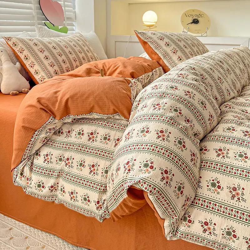 4pcs Ultra Soft Embroidered Cotton Bedding Set, Fine and Comfortable with Printed Patterns, Zipper Closure, Polyester Material,Includes 1*duvet cover + 1*Flat Sheet + 2*Pillowcases,no core, Cozy Bedding Set, Comfy Bedding Sets
