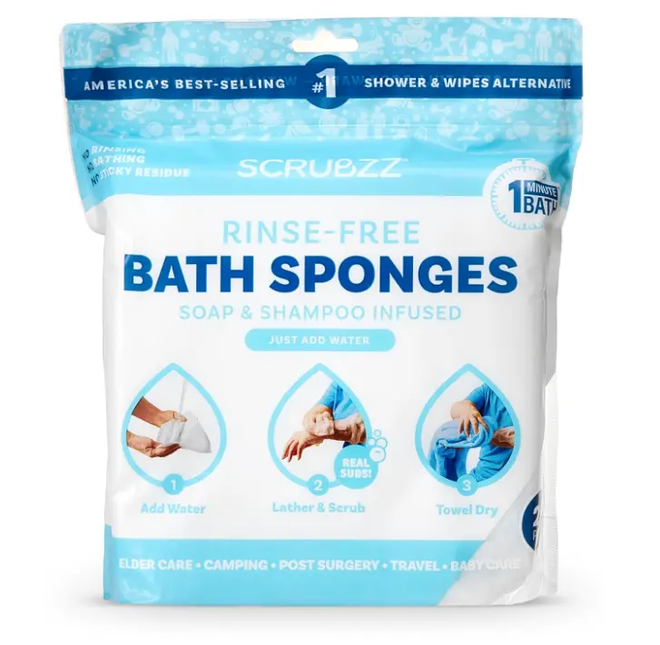 Scrubzz Disposable Rinse Free Bathing Wipes - 25 Pack - All-in-1 Single Use Shower Wipes, Simply Dampen, Lather, and Dry Without Shampoo or Rinsing