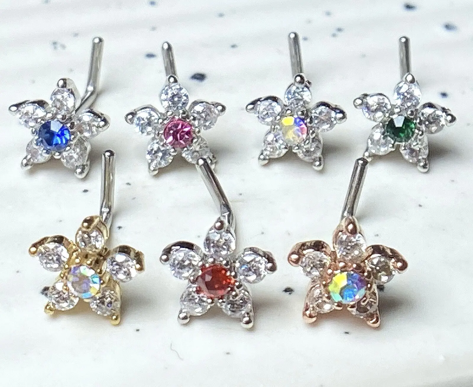 1pc Six CZ Gem Paved Flower Top 20g L-Bend Nose Ring Stud Screw Surgical Steel
