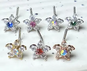 1pc Six CZ Gem Paved Flower Top 20g L-Bend Nose Ring Stud Screw Surgical Steel