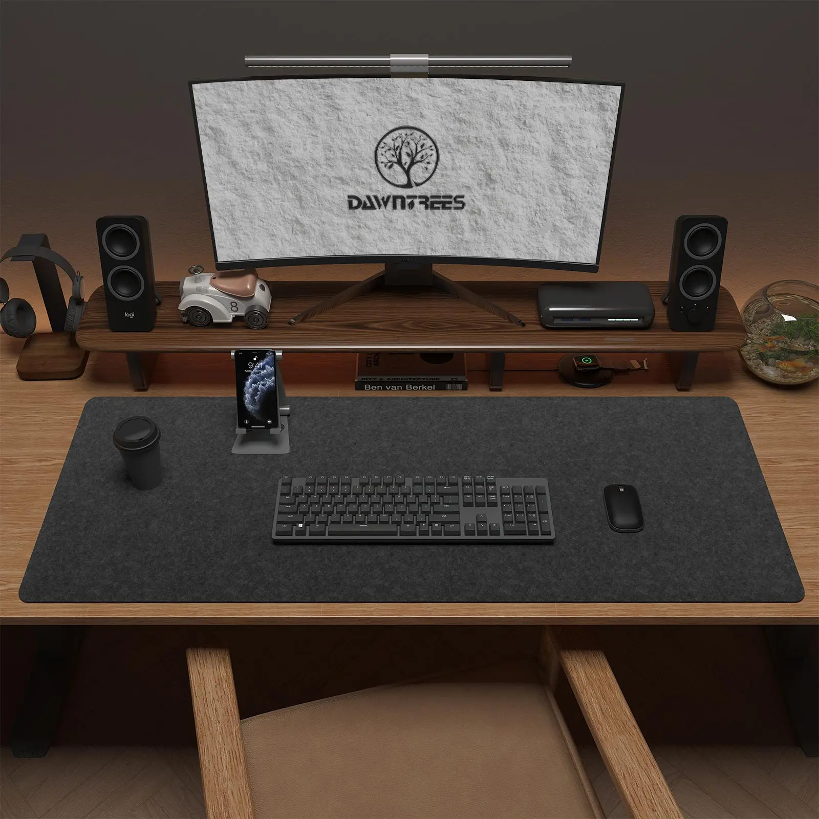 DAWNTREES Large Felt Desk Mat, 40''x16'' Full Keyboard and Mouse Pad Non-Slip Computer Desk Mat for Desktop,Felt Desk Pad Protector for Office and Home,Dark Grey