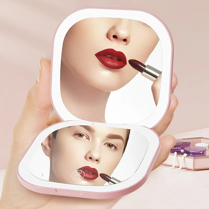 Double Sides Touch Travel Led Three Colors Mini Foldable Cosmetic Charge Makeup Mirror With Light 3X Magnifying Compact Handheld Lipstick