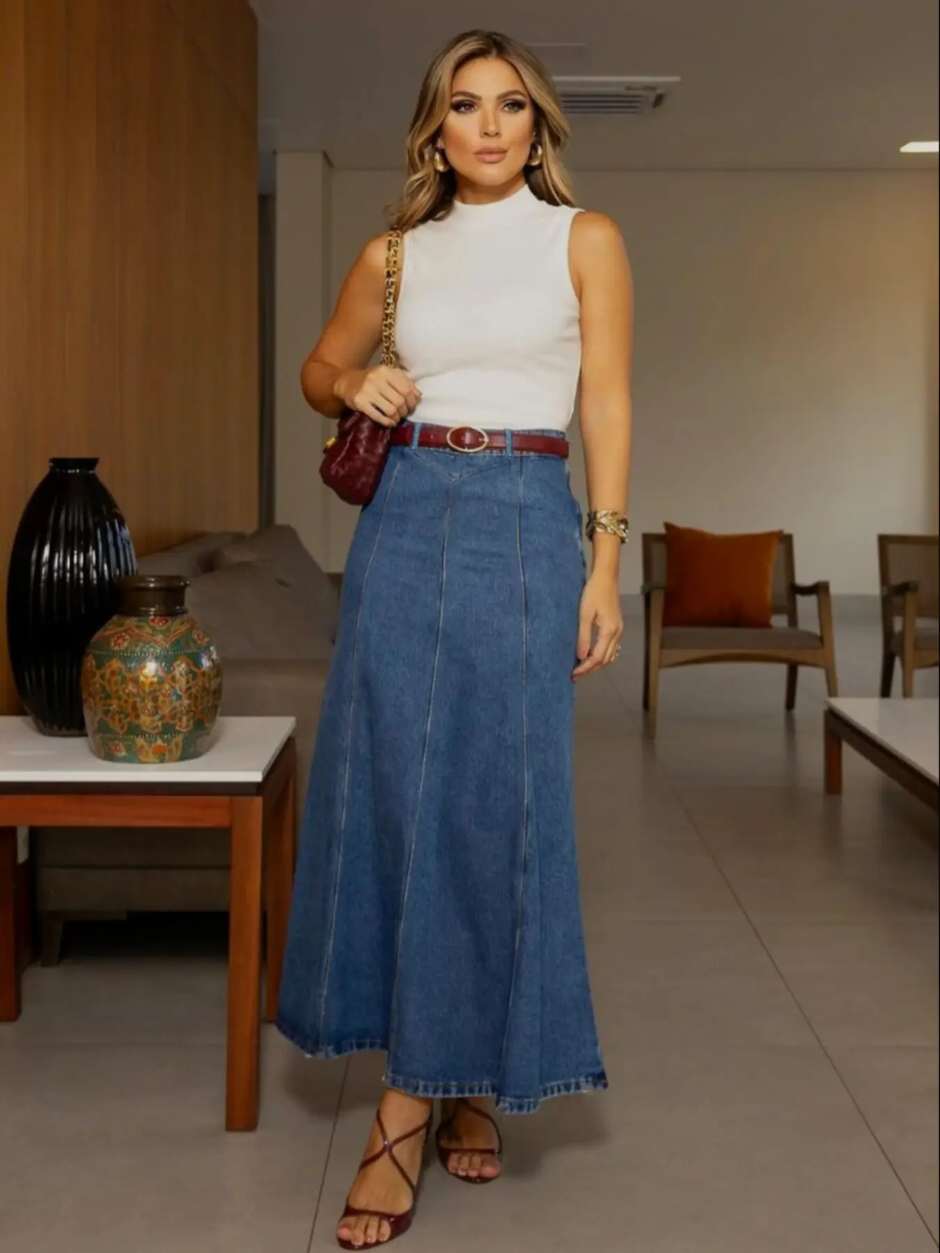 Casual Stretchy Elastic Washed Flared Denim Skirt, Loose-Fitting Plain Skirt, Women's Summer Wear for Daily Wear & Date Bottoms
