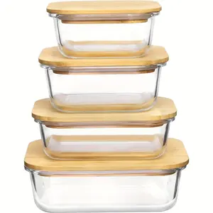 4-piece BPA free glass food storage container with bamboo lid - suitable for microwave ovens, ovens, freezers, and dishwashers, stackable to save space for kitchen organization, perfect for preparing meals, Kitchen storage containers, Food Storage Box
