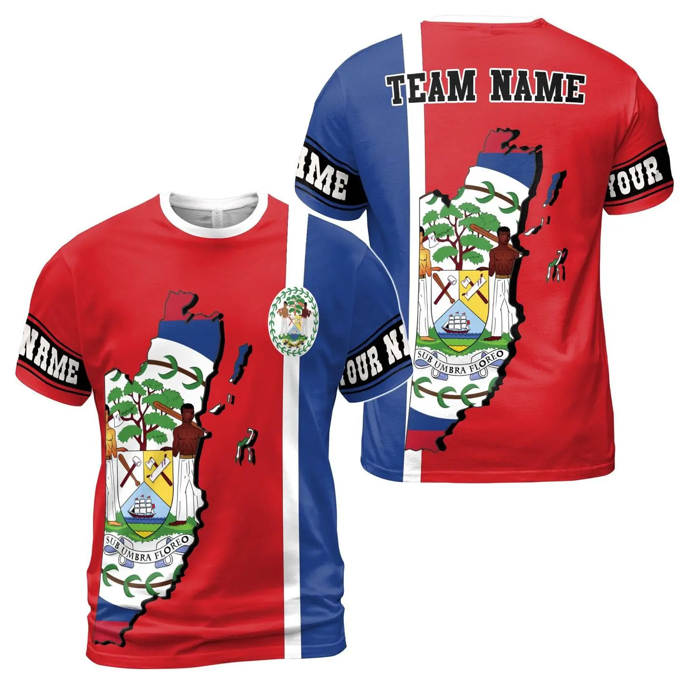 Custom Belize Flag Coat Of Arms Tee with Red White Blue Stripes - Personalized Patriotic Shirt