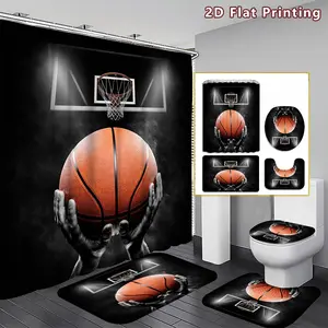 4PCS Basketball Shower Curtain set, Orange Basketball and Hoop Bathroom Decor, Accessories with Bath Mat, U-shaped Mat, Toilet Lid Cover, 12 Hooks 180x180cm Curtain, Basketball Enthusiast, Home Decor, bathroom accessories