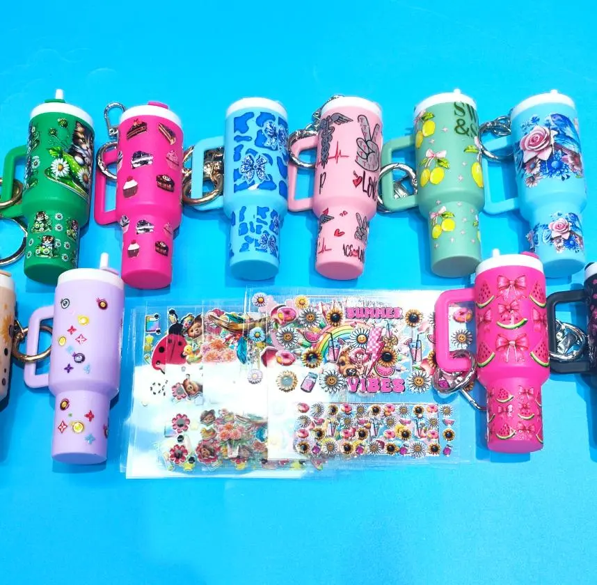 Cartoon Mini Tumbler Cup Keychains & Kawaii Peppy Stickers, Fashion Walletchain Accessories - Plastic Body, 20 Cups, Note: Keychains and Stickers Sold Separately