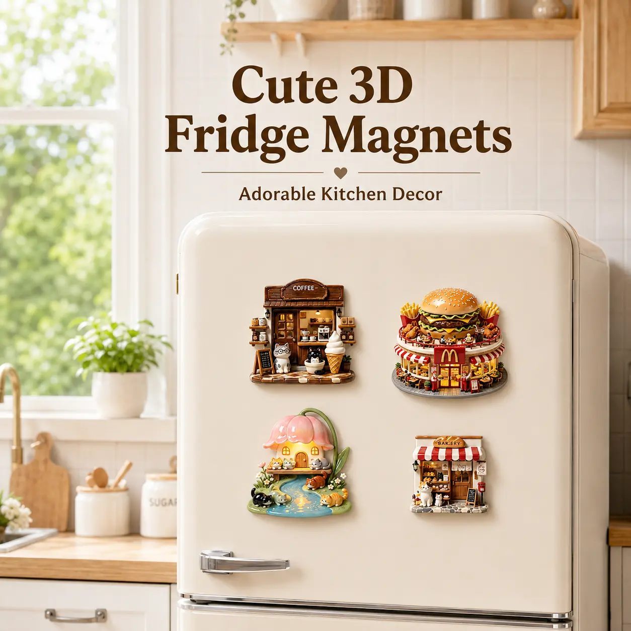 Fridge Magnet - 3D Miniature Resin Landscape Magnet with Strong Magnetic Backing, Cute Cat Cafe Bakery Burger Flower Shop & Frog Pond Decorative Magnet for Refrigerator, Office Whiteboard, Locker & Kitchen Decor, Aesthetic Gift for Her, Cat Lovers