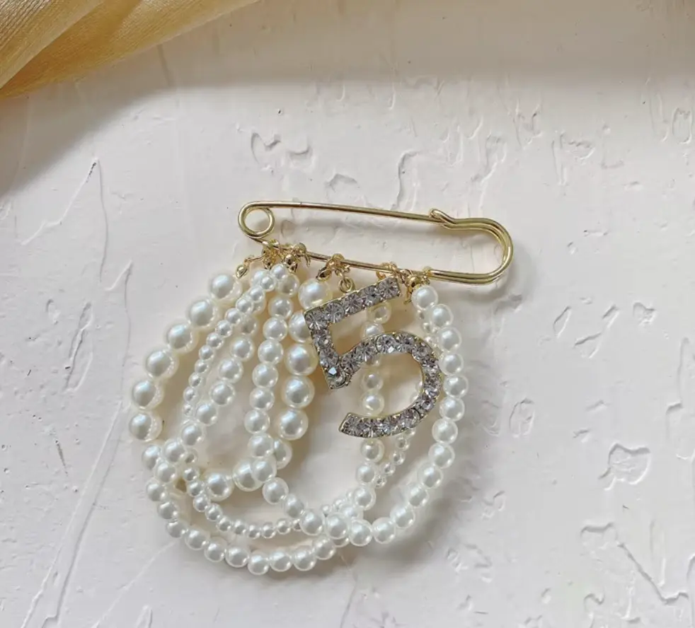 Elegant Pearl Number Brooch Pin with Rhinestone Charm