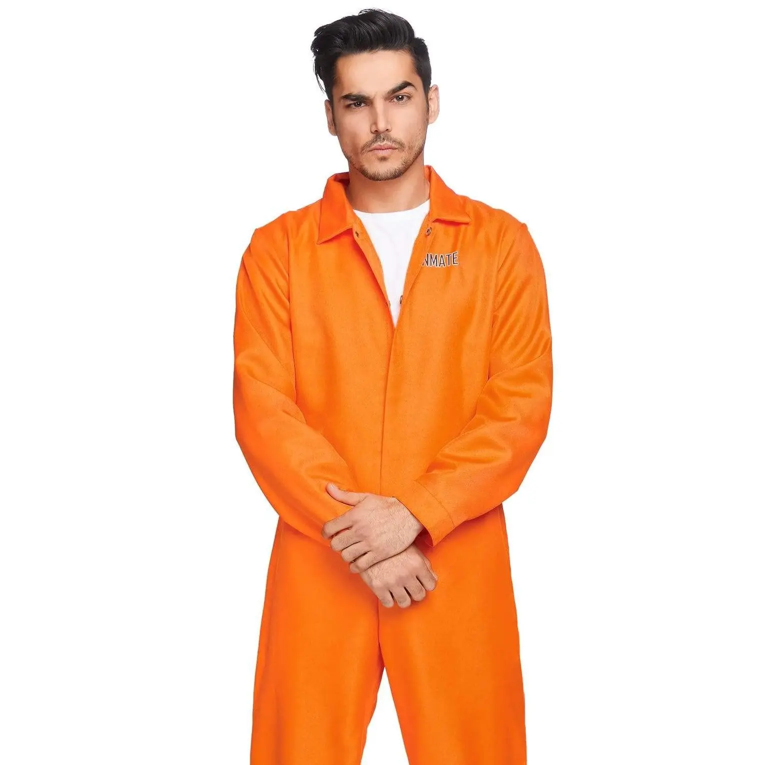Men's Orange Jailbird Prison Jumpsuit Costume, Button Front Clothes for Trick or Treat Parties, Fun Costume Ideas, Halloween, Shirt, Casual, Menswear